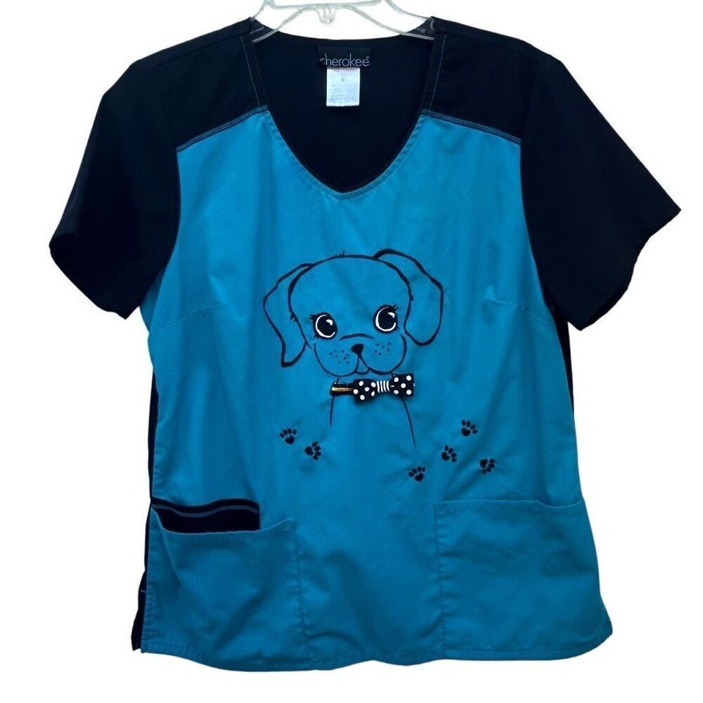 Cherokee Scrub Shirt Women's Medium Blue Black Colorlock Puppy Print Vet Tech